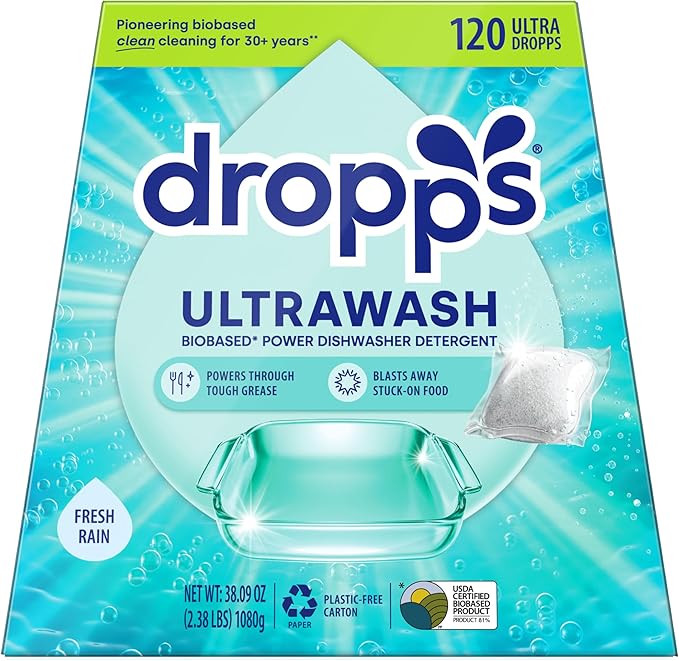 Dropps UltraWash Dishwasher Pods, Fresh Rain (120 Count) - Biobased Power Deep Clean Dishwasher Detergent Tablets for Sparkling Shiny Dishes - No Rinse Aid or Pre-Wash Needed - Dishwashing Pods