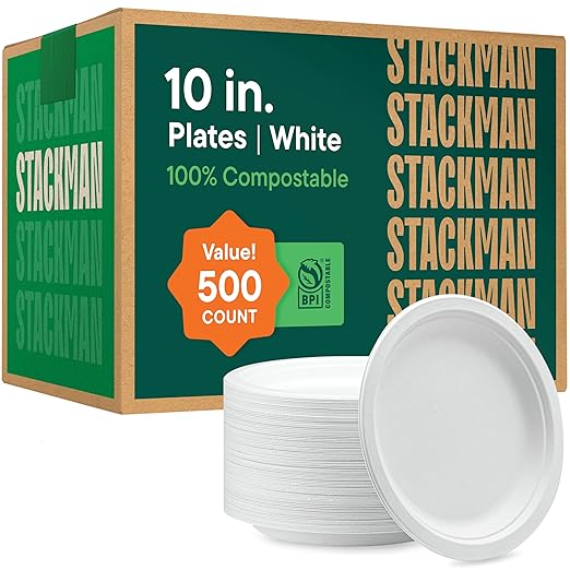100% Compostable Paper Plates 10 Inch Bulk [500 Count] Heavy-Duty Dinner Plates - Natural White Color Unbleached Bagasse - Eco-Friendly Disposable Biodegradable Sugarcane Plates - [Case 4/125 Pack]