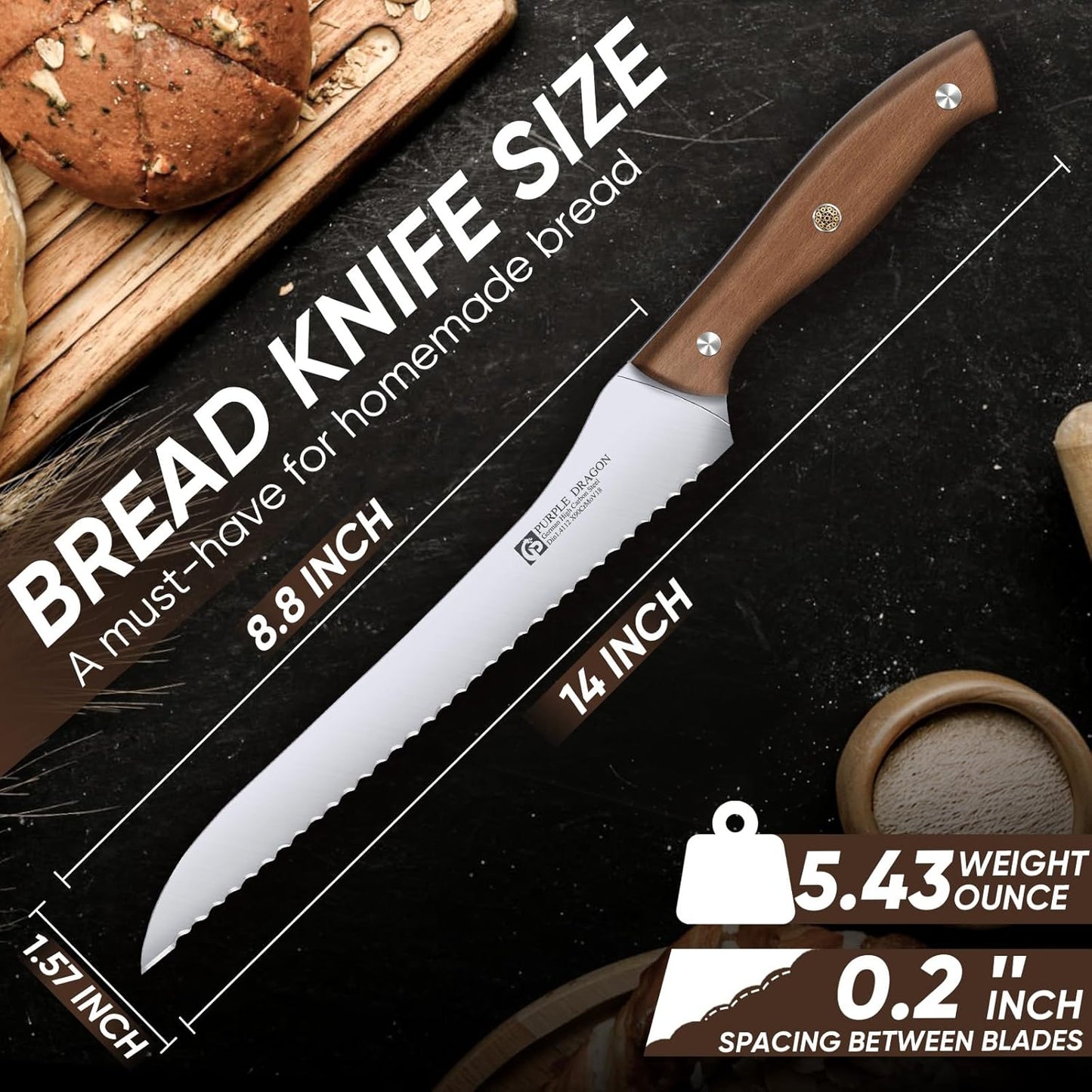 Purple Dragon Bread Knife, 9 Inch Serrated Knife for Homemade Bread Sourdough Cakes, Perfect Kitchen Baking Supplies for Effortless Cutting & Slicing, Gifts