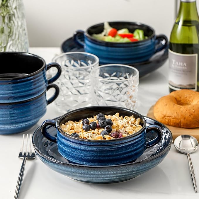 Hasense Ceramic Soup Bowls, 20oz French Onion Soup Bowls with Handle Set of 2, Serving Bowls for Chili, Stew, Salad, Microwave & Dishwasher Safe Soup Crocks, Blue