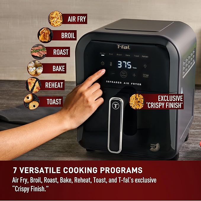 T-fal Infrared Air Fryer: 6 qt Digital Touch Screen, 7-in-1 Cooking Functions, 45-Seconds to reach 750°F on carbon fiber heater surface, No-Shake Technology, Crispy Finish, 1550W, Black