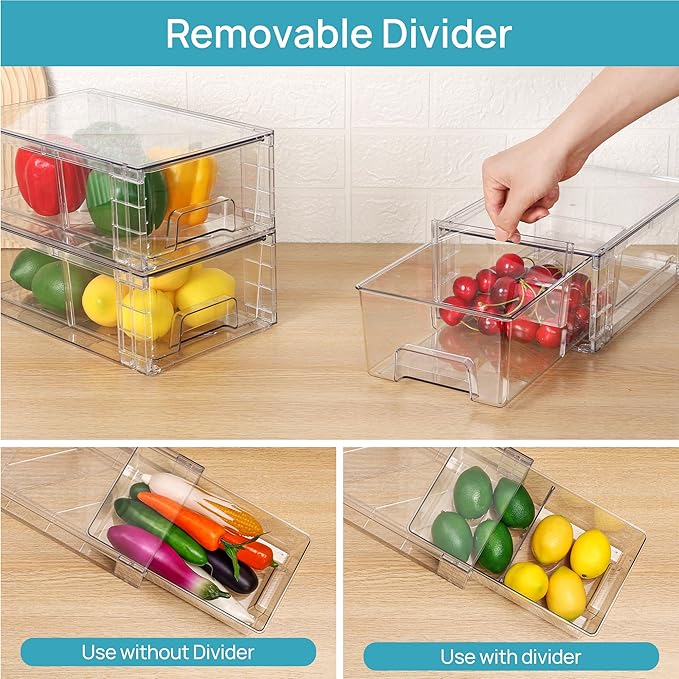 Vtopmart 8 Pack Stackable Storage Drawers,Clear Acrylic Drawer Organizers with Handles, Easily Assemble Containers for Fridge, Bathroom,Kitchen Undersink,Cabinet,Pantry Organization and Storage