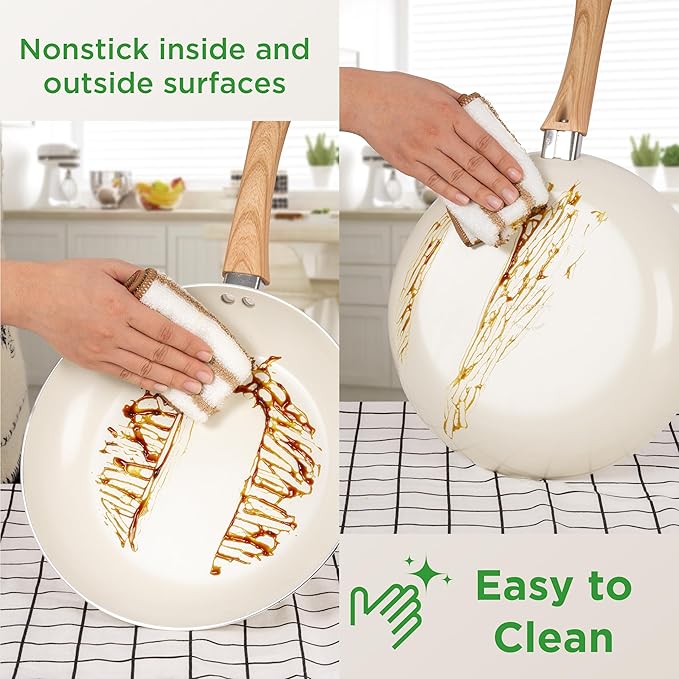 23 Pcs Pots and Pans Set Nonstick, Kitchen Cookware Sets, with Frying Pan, Saucepan, Saute Pan, Lightweight Cooking Set with Stay-Cool Wood Print Handles, NO PFAS and PFOA, Light Wood