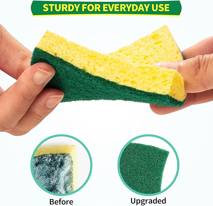 HOMERHYME Heavy Duty Scrub Sponge 24 Pack, Eco Cellulose Kitchen Dish Sponge Multipurpose Ergonomic for Washing Dishes, Uncoated Cookware & Household Cleaning.