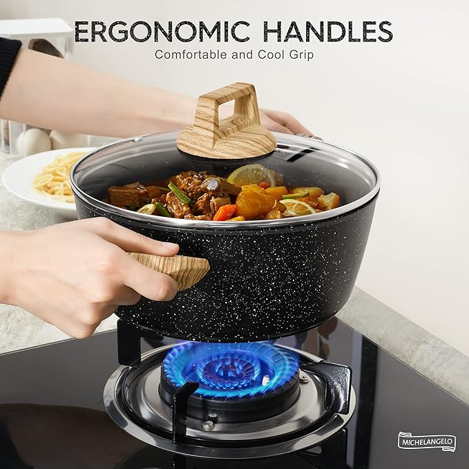 MICHELANGELO 4.3 Quart Nonstick Soup Pot with Lid, Non-Toxic Granite Coating, Induction Compatible, Non Stick Pot for Cooking with Stay-cool Handles, Black