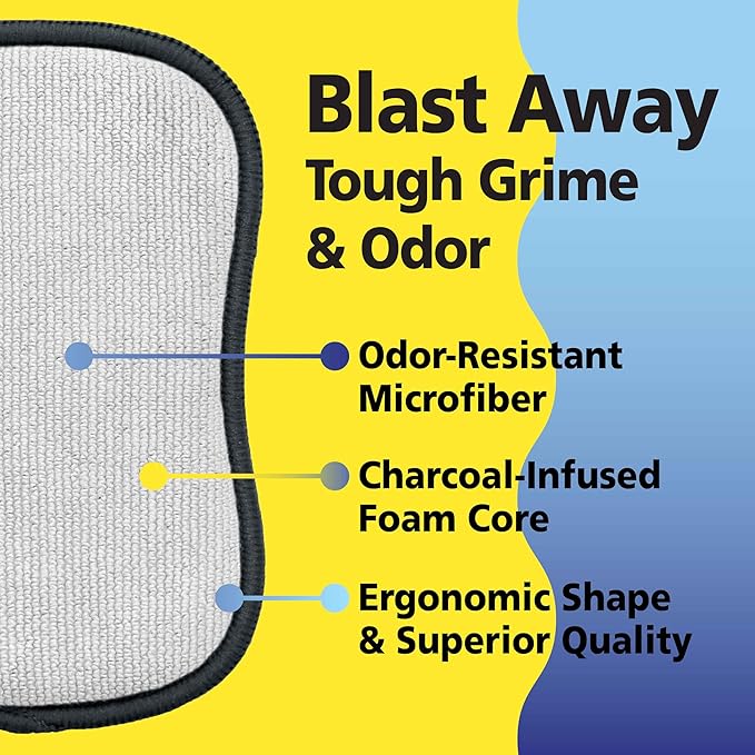 Fresh Scrub-N-Wipe Pad by Tuff-Scrub, 6-Pack, Antimicrobial & Charcoal Foam for Odor Control, Microfiber, Multi-Surface, Non-Scratch, Dual-Sided, Machine Washable, Kitchen Sponge (Large)