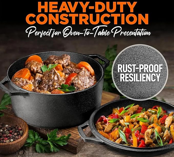 Cast Iron Dutch Oven with Lid and Double Handle for Bread Baking,Cast Iron Skillet Cooking Pan Heat Resistant,Non-Stick, Includes Bread Baking Supplies and Cleaning Brush,5QT