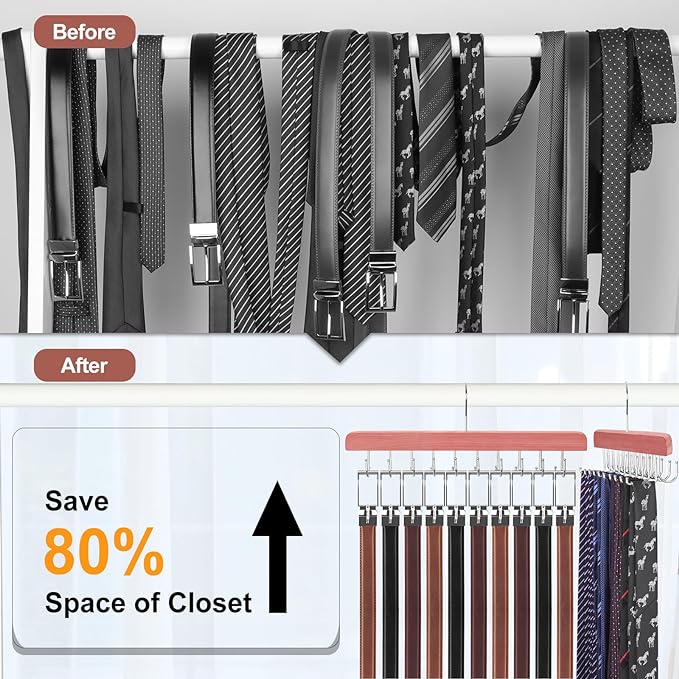 TOPIA HANGER Cedar 2 in 1 Belt Tie Hanger for Closet Max 30 Belts with 30 Ties Capacity, 20 Hooks Belt Tie Racks Hanger for Closet Organizer Storage “U” Fit Belt and “一” Fit Tie - CT53C