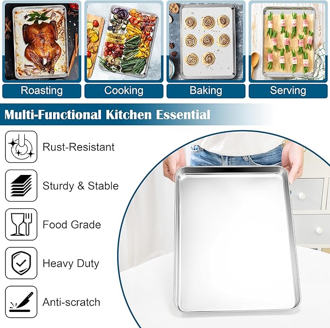 E-far Baking Sheet with Wire Rack (2 Pans + 2 Racks), Large Stainless Steel Cookie Sheets Pan & Cooling Rack for Baking Cookies Cake, Non Toxic & Heavy Duty, Oven & Dishwasher Safe, 18 x 13 x 1 Inch