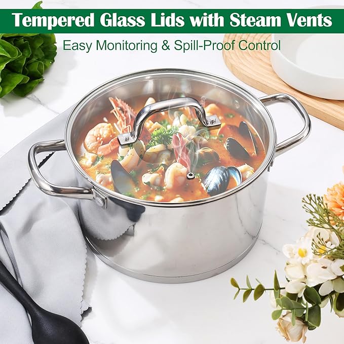 E-far 10-Piece Stainless Steel Cookware Set, Induction Pots and Pans Set with Tri-Ply Base, Non-toxic Kitchen Cooking Set w/Frying Pan, Saucepan, Saute Pan, Stockpot with Lids, Oven & Dishwasher Safe