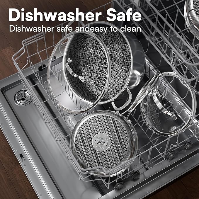 Stainless Steel Cookware Set, 17 Pcs Hybrid Pots and Pans Set Non Stick, Kitchen Frying Pans, Saucepans & Stock Pot with Glass Lid, Dishwasher-Safe, Induction Compatible, Non-Toxic