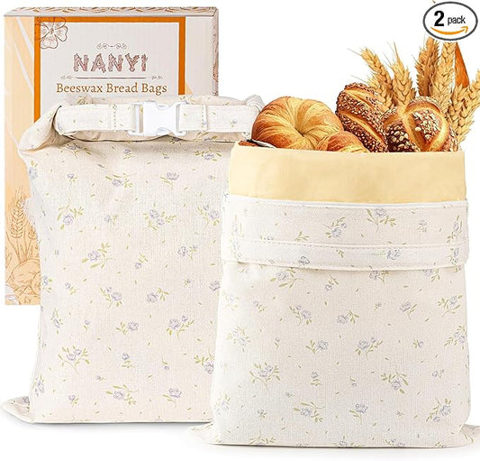 2-Pack Reusable Beeswax Bread Bags for Sourdough & Homemade Bread，Cotton Waxed Bags Keeps Fresh Longer(Azure Petals)