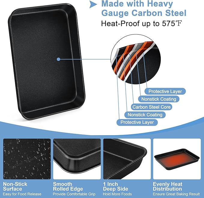 TeamFar Toaster Oven Pan with Rack Set, 10.5 x 8 x 1 Inch Nonstick Small Baking Pan Tray with Cooling Rack for Baking Roasting, Non-Toxic & Heavy Duty, Easy Clean, Set of 4