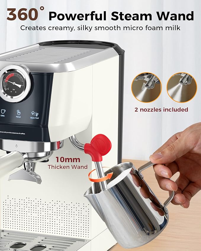 Tuni E2 58mm Espresso Machine and G1 Ivory Conical Burr Coffee Grinder Combo, 20Bar Dual Boiler Coffee Maker with 10mm Steam Milk Frother, 48 Grind Settings Anti-static Burr Mill