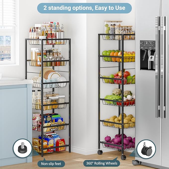 Fruit Vegetable Basket for Kitchen, 6 Tier Fruit and Vegetable Storage Cart, Metal Wire Storage Baskets with Wheels, Small Rolling Cart Organizer Rack for Pantry, Living Room, Bathroom