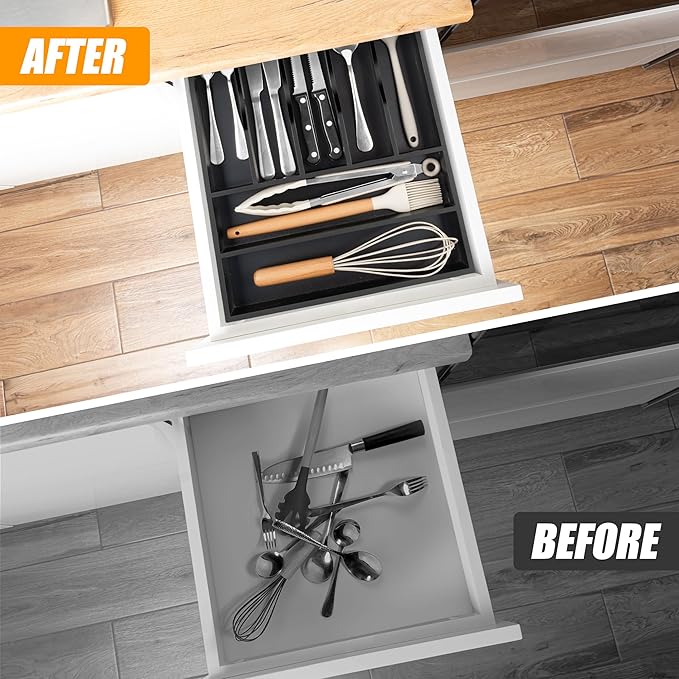 Bellsal Bamboo Silverware Drawer Organizer, Utensil Kitchen Drawer Organizer, Utensil Holder Cutlery Tray with Grooved Drawer Dividers for Kitchen Utensils and Flatware Bedroom Office (7 Slot, Black)