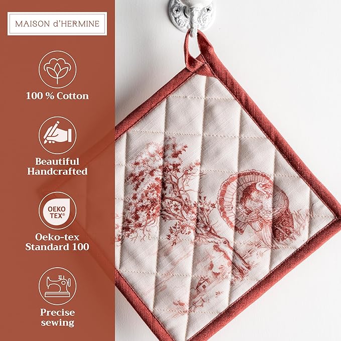Maison d' Hermine Pot Holders 100% Cotton Heat Resistant Potholders 8" x 8" Hot Pads with Loop BBQ, Cooking, Baking, Grilling, Kitchen, Handling Hot Pans (Pack of 1, Holy Jouy - Brown)