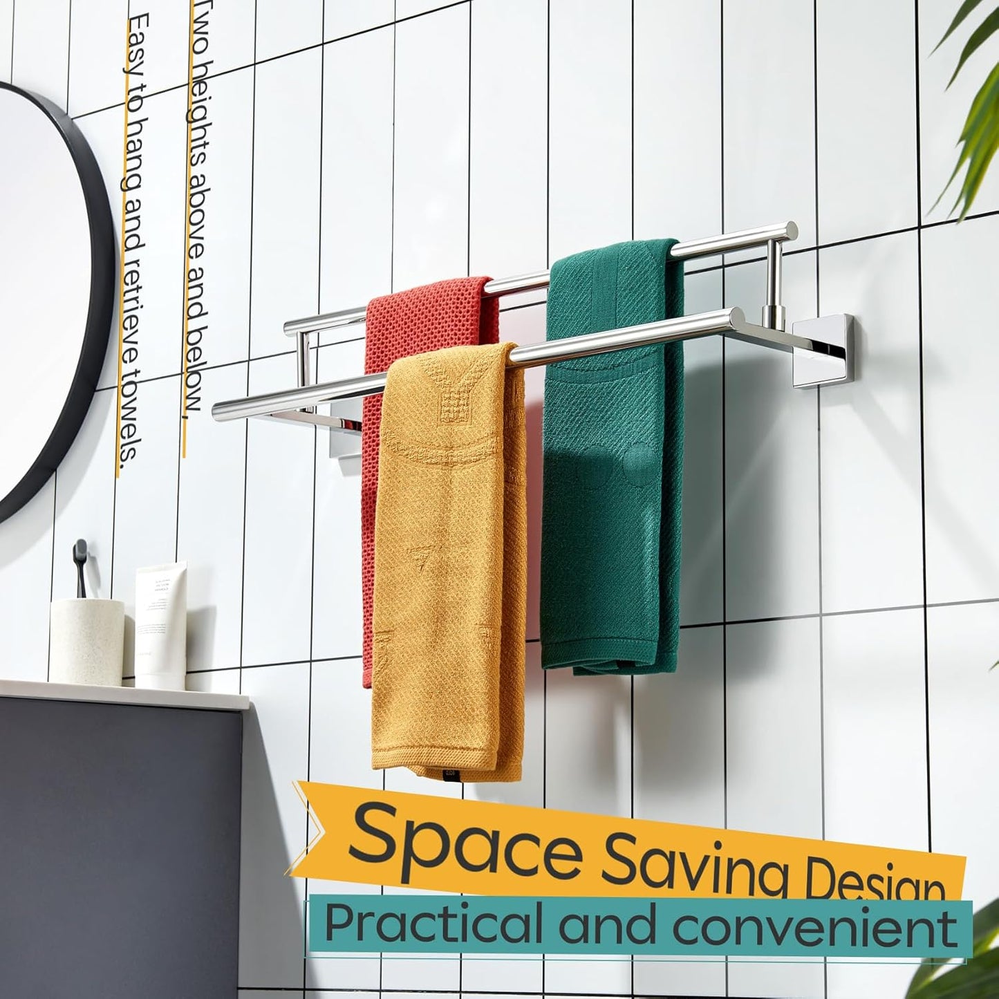 KOKOSIRI Towel Bars 20-Inch Bathroom Double Bath Towel Holder Toilet Kitchen Rack Wall Mounted Polished Chrome Stainless Steel B5009CH-L20