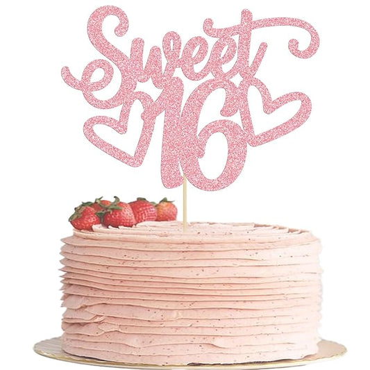 Gyufise 1Pc Sweet Teenager 16 Cake Topper Glitter 16th Birthday Cake Pick for Cheers to 16 Years Old 16th Birthday Party Cake Decorations Supplies Pink