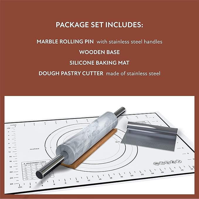 White Marble Rolling Pin with Stainless Steel Handles Baking Set - Silicone Baking Mat, Bench Scraper, Wooden Base