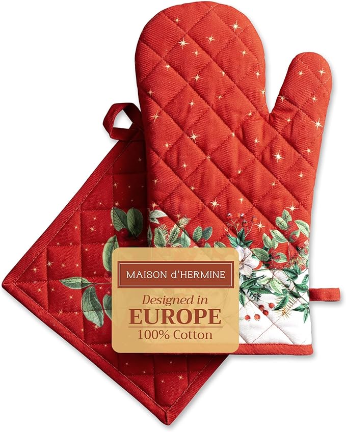 Maison d' Hermine 100% Cotton Oven Mitt & Pot Holder Set (7.5"x13" & 8"x8") Heat Resistant BBQ Cooking Gloves with Loop, Baking, Grilling, Kitchen, Handling Hot Pans (Noel)