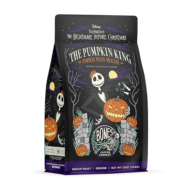 Bones Coffee Company The Nightmare Before Christmas Pumpkin King Flavored Coffee Beans, Medium Roast Ground Coffee Low Acid, Pumpkin Pecan Praline Flavor (12 oz)