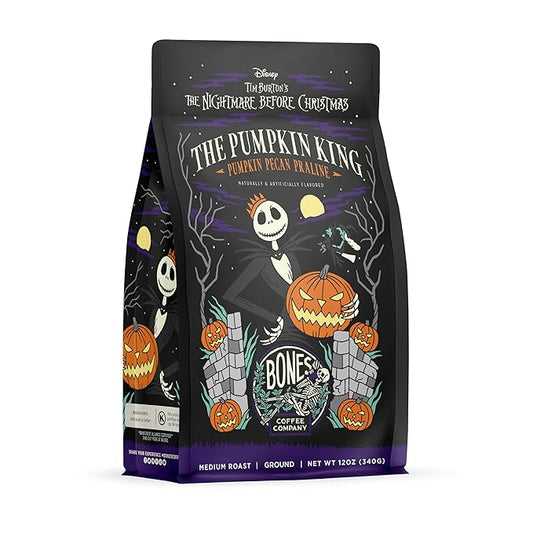Bones Coffee Company The Nightmare Before Christmas Pumpkin King Flavored Coffee Beans, Medium Roast Ground Coffee Low Acid, Pumpkin Pecan Praline Flavor (12 oz)