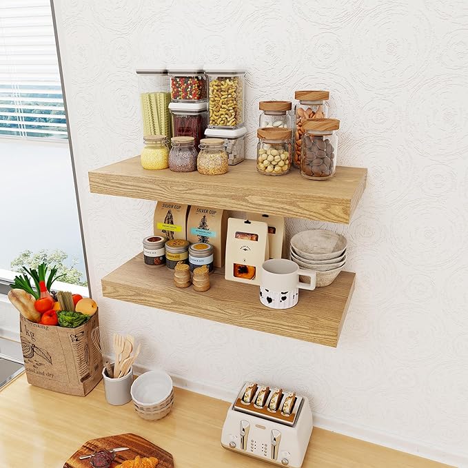 12 Inch Deep Floating Shelves, 24 x 12 Floating Shelf for Books, Rustic Wood Deep Wall Shelves for Home Storage & Display, 2" Thicked Shelves for Kitchen, Living Room, Bedroom, Oak Color, 2 Pack