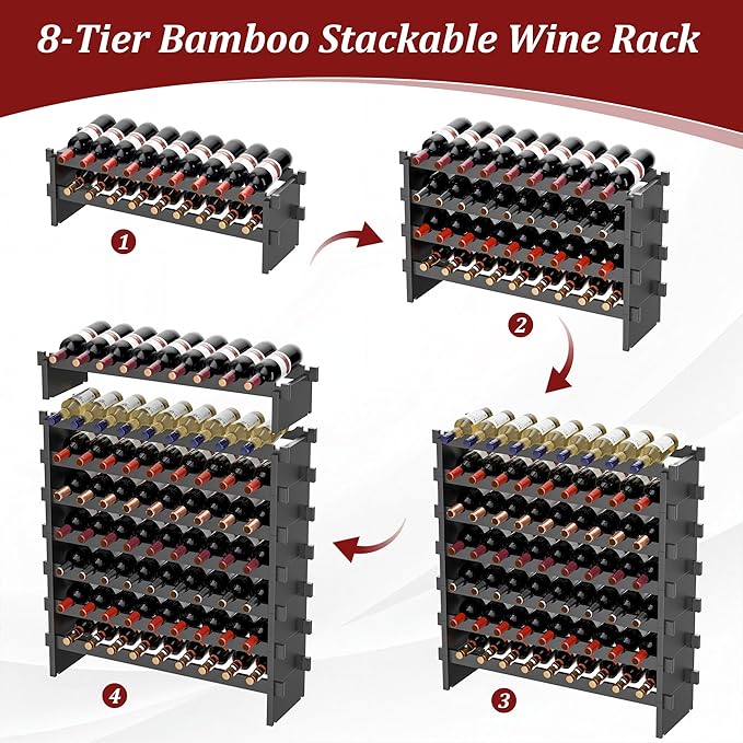 VASMIA Bamboo Stackable Wine Rack,72 Bottles Wine Rack Freestanding Floor,No Tools Assembly,8-Tier Display Wine Storage Shelf for Kitchen, Bar, Dining Room,Cellar,Black