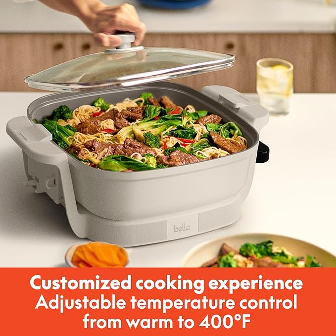 bella Make & Take Electric Skillet, Fits-anywhere™ kitchenware, EverGood™ Ceramic Coating, Adjustable Temperature & Dishwasher-Safe Tempered Glass Lid, Cast Aluminum Base, 1200 Watt, Oatmilk