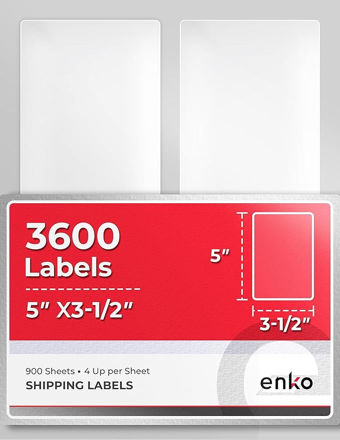 enKo - 3-1/2 x 5 Inch Label - White Blank - 4 Up Per Sheet Shipping Address Mailing Labels for Laser Inkjet Printer (900 Sheets, 3600 Labels)