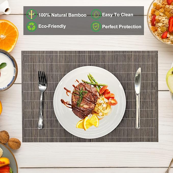 ANDSTAR Set of 8 Pcs Bamboo Placemats Natural Anti-Slip Bamboo Placemats Washable Heat-Resistant Table Mats for Dining Room and Kitchen（Light Brown）