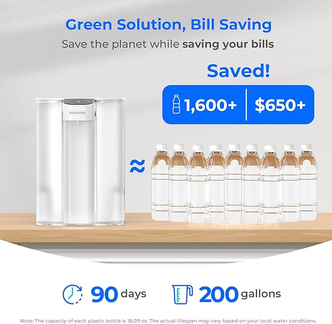 Waterdrop Large 27-Cup Mega Electric Water Filter Dispenser, 200-Gallon Rechargeable Instant System, NSF/ANSI 42&53&401&372, Reduce PFAS, Lead, Chlorine, with 1 Filter, White, Does not Lower TDS