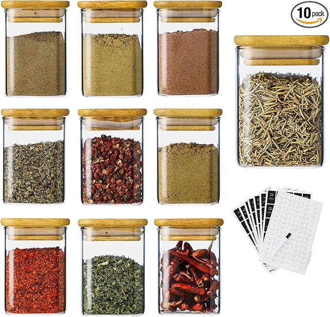 10Pcs 7oz Spice Jars Glass Container with 275 Labels, Airtight Seasoning Empty Organizer with Bamboo Lid Set for Pepper, Salt, Sugar