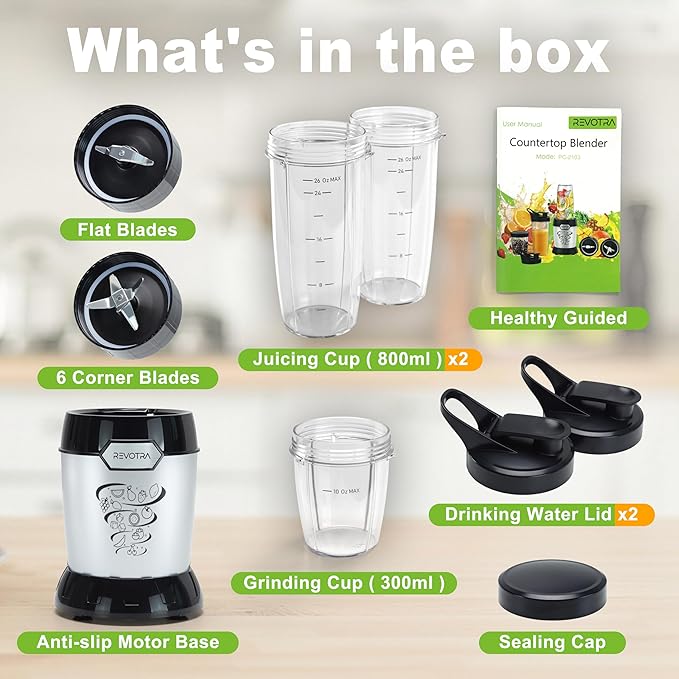 Smoothie Blender, 1200W Personal Blender for Smoothies, Blenders for Kitchen with 2 BPA-Free 26oz Travel Cups, Perfect for Smoothies, Frozen Drinks, Juices & Protein Shakes