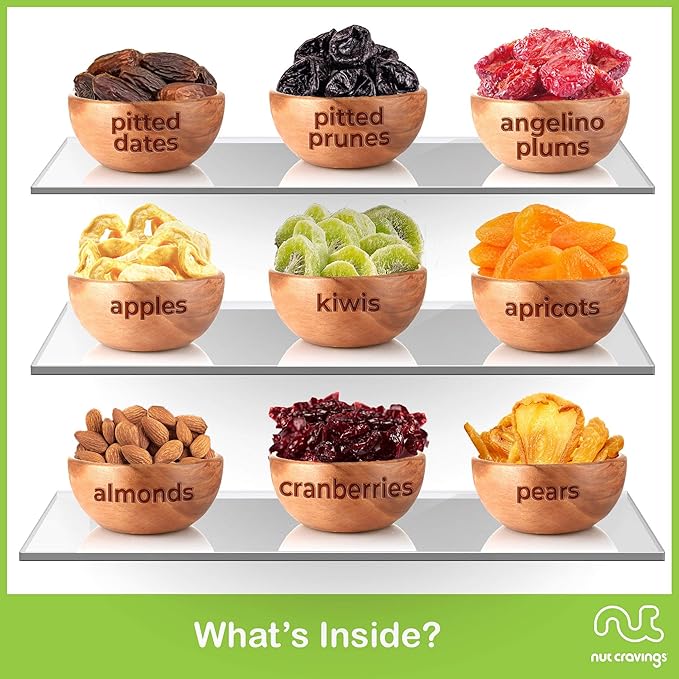 NUT CRAVINGS - Rosh Hashana & Shana Tova Dried Fruit & Mixed Nuts Gift Basket in Wooden Pear-Shaped Tray (9 Assortments) Food Arrangement, Healthy Snack Care Package, Food Assortments