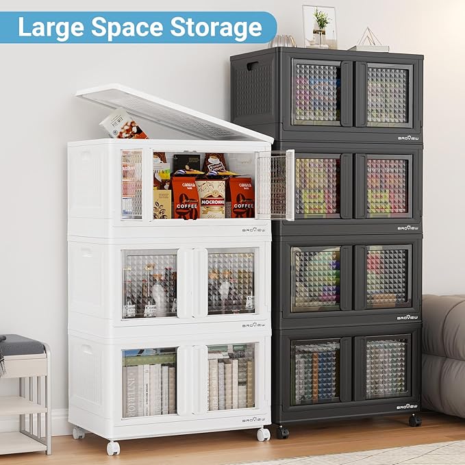 400Qt Stackable Storage Bins with Lids, 100Gal Closet Organizers and Storage Drawer, Plastic Collapsible Storage Bins with Doors, Heavy Duty Store Box Cabinet for Home Office, 4Pack White