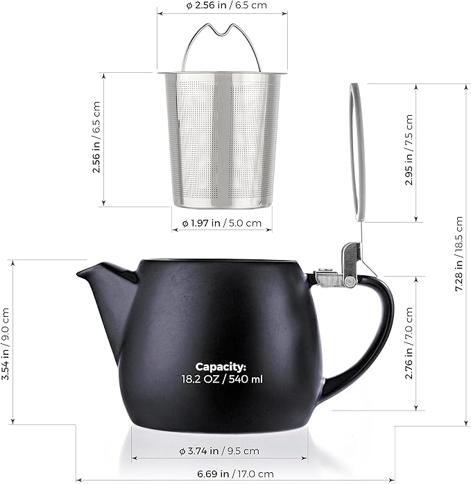 Tealyra - Pluto Porcelain Small Teapot Black - 18.2-ounce (1-2 cups) - Matte Finish - Stainless Steel Lid and Extra-Fine Infuser To Brew Loose Leaf Tea - 540ml
