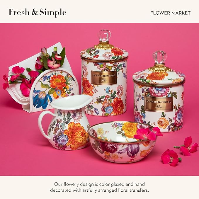 MACKENZIE-CHILDS Enamel Creamer and Sugar-Bowl Set, Cream Dispenser and Sugar Holder, Unique Kitchen Decor, White Flower Market