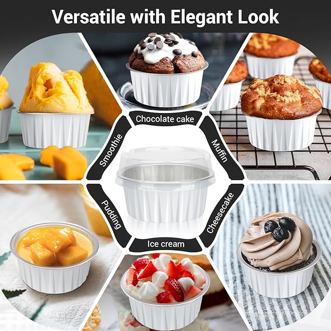 EUSOAR Ramekin Baking Cups, 30pcs 5oz Aluminum Foil Muffin Liners Cupcake Baking Cup with Lids, Mini Pie Pans with Lids, Disposable Foil Baking Cups Containers for Creme Brulee or Cupcake-White
