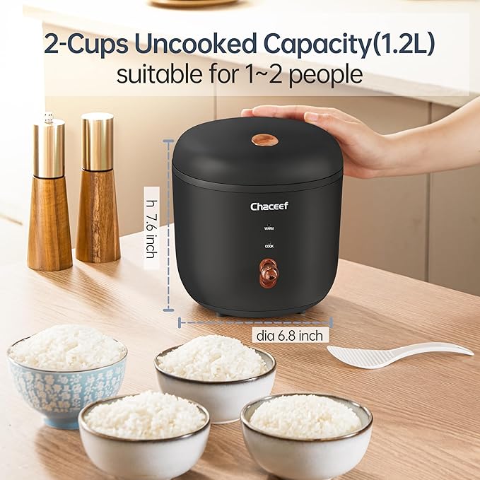 CHACEEF Mini Rice Cooker 2 Cups Uncooked, 1.2L Rice Cooker Small with Non-stick Pot, Portable Travel Rice Maker with One Touch & Keep Warm Function,White Rice, Brown Rice, Oatmeal, Black