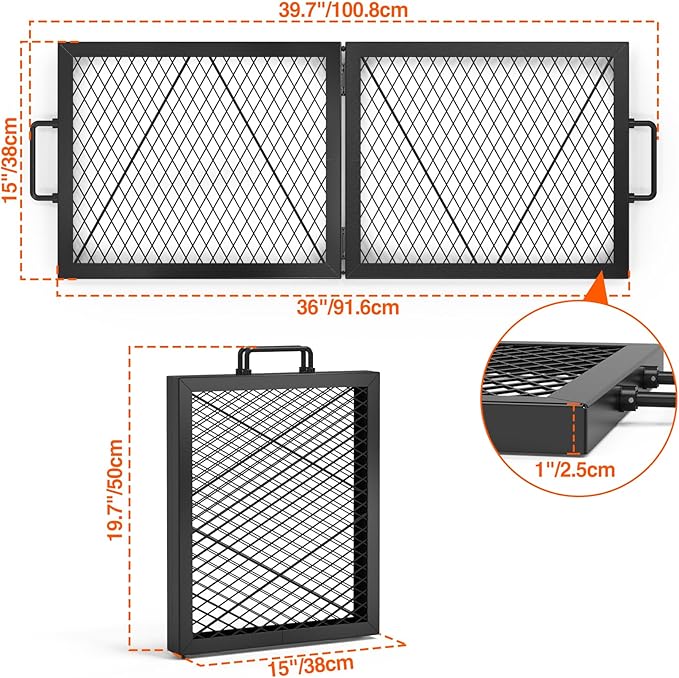 Onlyfire Foldable X-Marks Fire Pit Cooking Grate, Portable Rectangle Campfire Grill Grate with Handles, Heavy Duty Steel Campfire BBQ Grill for Outdoor, 36 inch