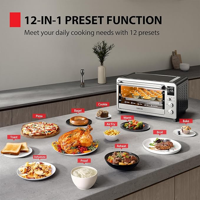 TOSHIBA ChefFry Air Fryer Toaster Oven Combo, 26.4 QT Large Capacity, 12-in-1 Countertop Toaster Oven, Stainless Steel