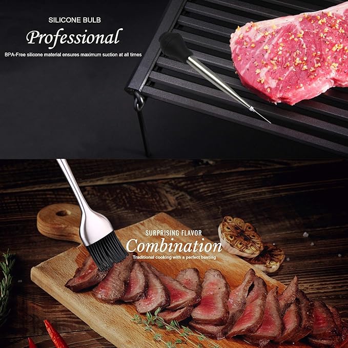 Kaycrown Stainless Steel Turkey Baster with BBQ/Grill Basting Brush, Commerical Grade Quality Silicone Bulb Including Flavor Needle and Cleaning Brush for Easy Clean Up