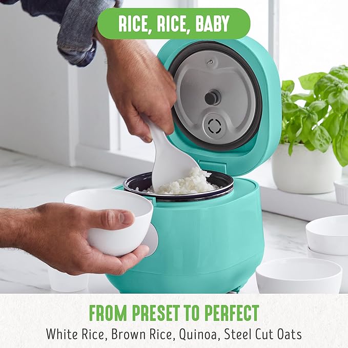 GreenLife Digital Rice Cooker, 2-Cups Uncooked/4-Cups Cooked, Removable Nonstick Ceramic PFAS-Free Pot, One-Touch Presets, Oats, Quinoa, Brown Rice, Auto Keep Warm, Fuzzy Logic Tech, 1.5 QT, Turquoise