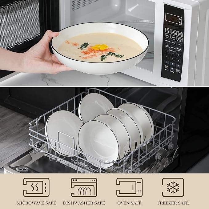 MALACASA 8.85" Large Pasta Bowls, 42 OZ White Salad Bowls Soup Bowls, Porcelain Serving Bowls Set of 6, Ivory White with Black Rim, Microwave & Dishwasher Safe, Series REGULAR