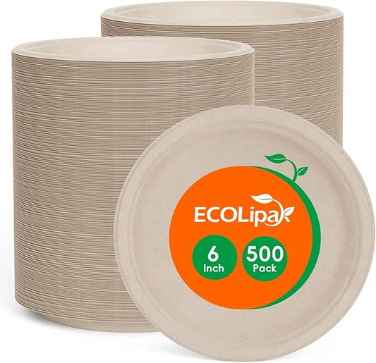 ECOLipak 6 Inch Disposable Compostable Small Paper Plates, 500 Pack Recycled Sugarcane Bagasse Biodegradable Heavy Duty Mini Dinner Appetizer Cake Dessert Plates for Party(Nature)