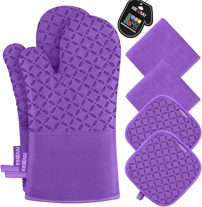 KEGOUU Oven Mitts and Pot Holders 6pcs Set, Kitchen Oven Glove High Heat Resistant 500 Degree Extra Long Oven Mitts and Potholder with Non-Slip Silicone Surface for Cooking (Purple)
