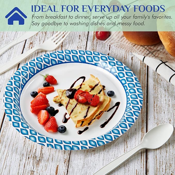 MUCHII Paper Plates 10 Inch, 150 Count Soak and Cut Proof, Blue Large Disposable Plates Bulk for Daily Use, Parties