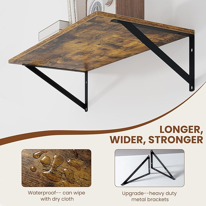 Heimlove Deep Floating Shelves for Wall, 24W x 12D Wood Wall Shelves Set of 2, Wide Floating Bookshelf for Living Room, Kitchen, Office, Bedroom and Decor Storage, with Metal Bracket - Rustic Brown